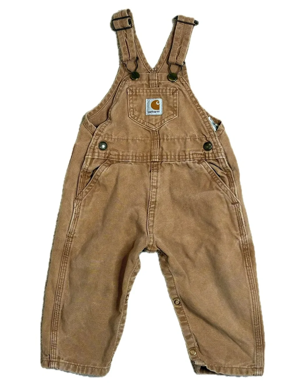 VTG Carhartt Baby Toddler Duck Bib Overalls Size 24M Leg Snaps One Piece Camel